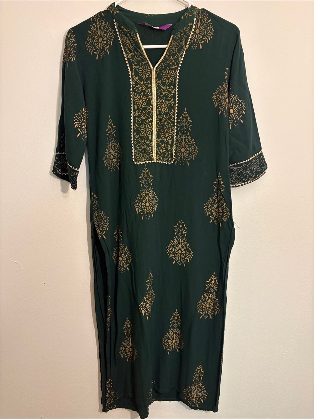 Emerald Green kurta style Tunic Dress with Gold color design